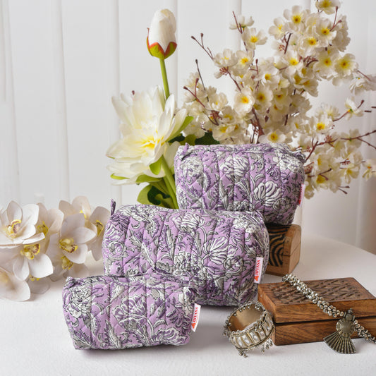 Lilac Joy - Set of 3 Handblock Printed Quilted Pouches | Crafted in Jaipur