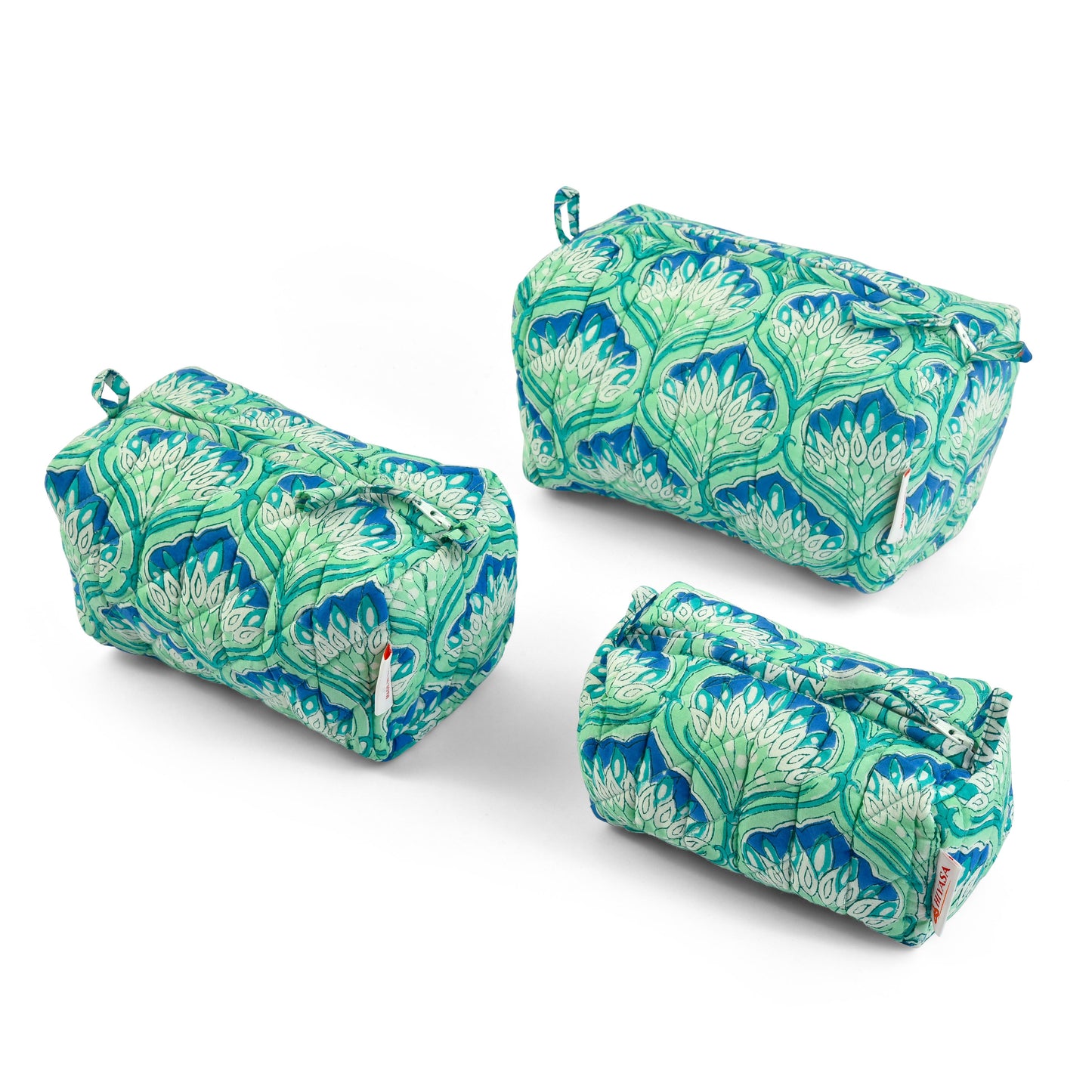Glowing Peacock - Set of 3 Handblock Printed Quilted Pouches | Crafted in Jaipur