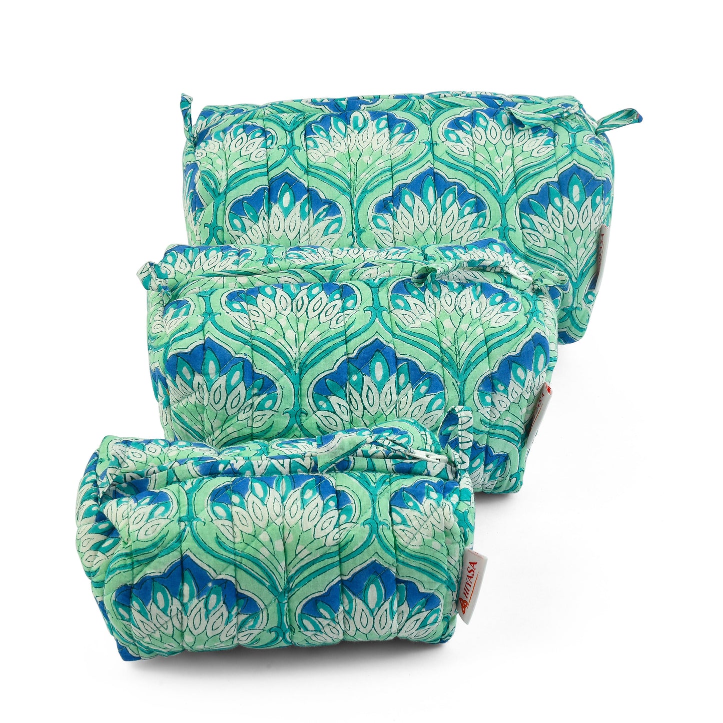 Glowing Peacock - Set of 3 Handblock Printed Quilted Pouches | Crafted in Jaipur