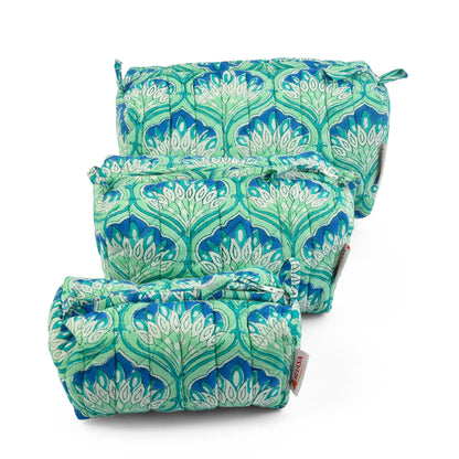 Glowing Peacock - Set of 3 Handblock Printed Quilted Pouches | Crafted in Jaipur