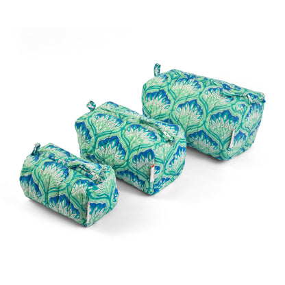 Glowing Peacock - Set of 3 Handblock Printed Quilted Pouches | Crafted in Jaipur
