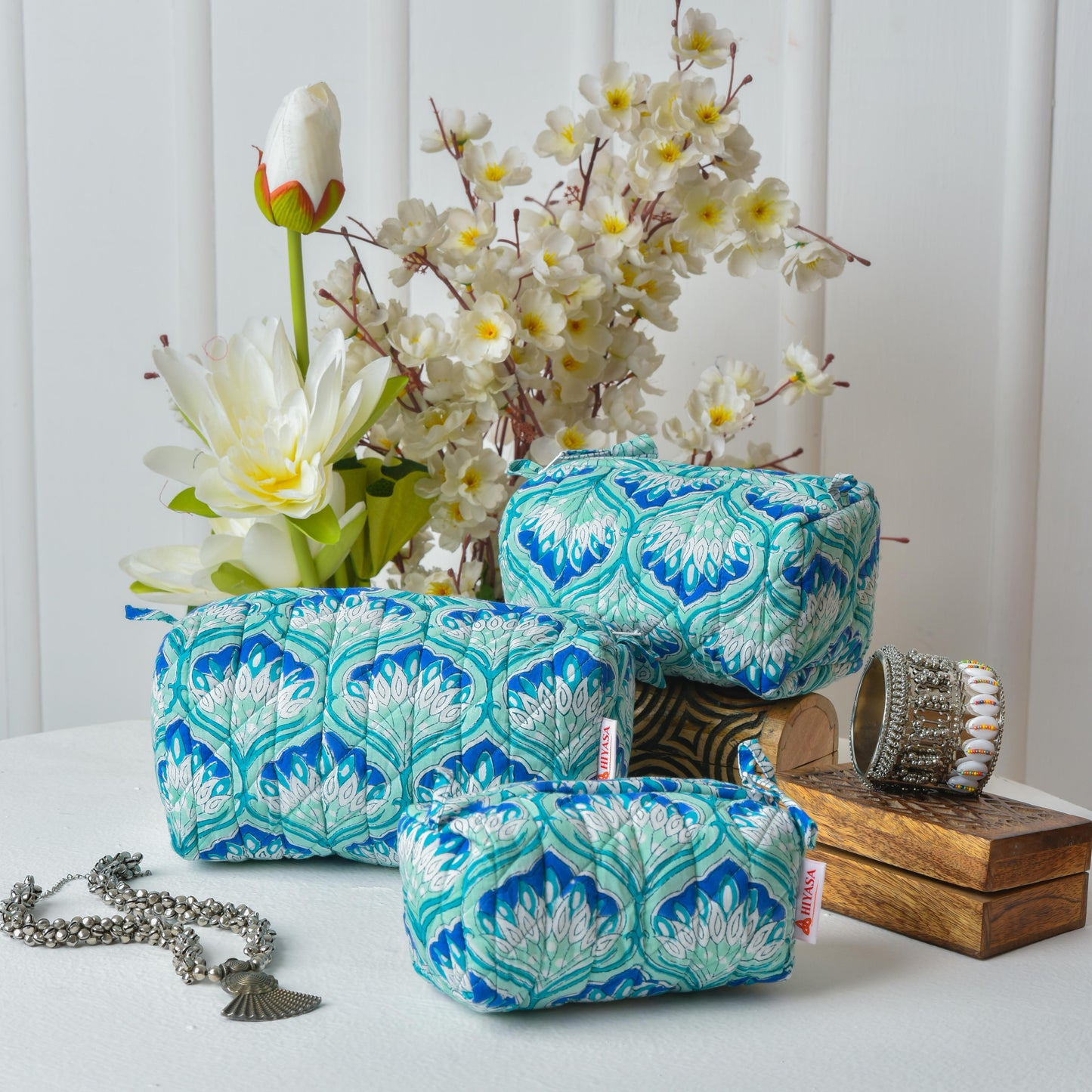 Glowing Peacock - Set of 3 Handblock Printed Quilted Pouches | Crafted in Jaipur