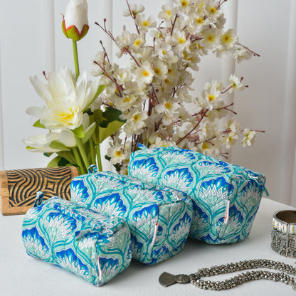 Glowing Peacock - Set of 3 Handblock Printed Quilted Pouches | Crafted in Jaipur