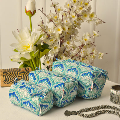 Glowing Peacock - Set of 3 Handblock Printed Quilted Pouches | Crafted in Jaipur