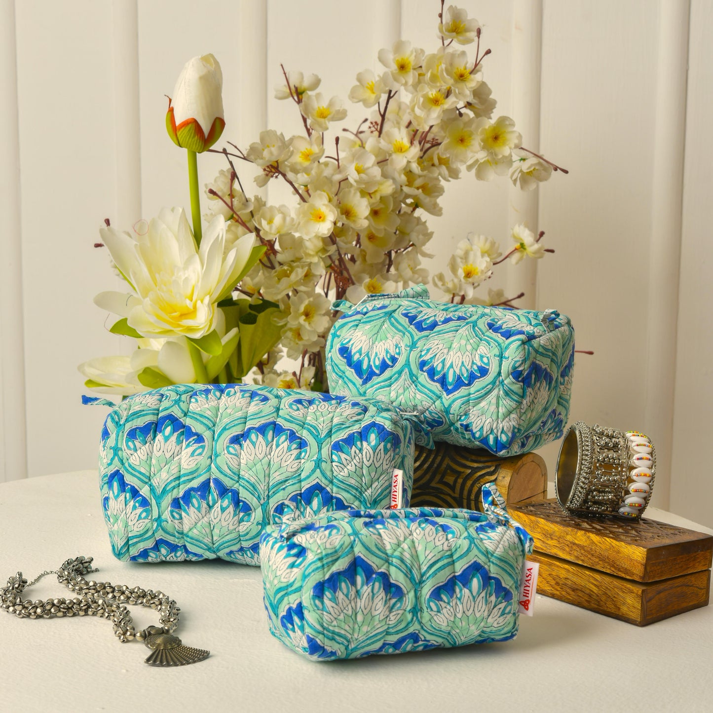 Glowing Peacock - Set of 3 Handblock Printed Quilted Pouches | Crafted in Jaipur